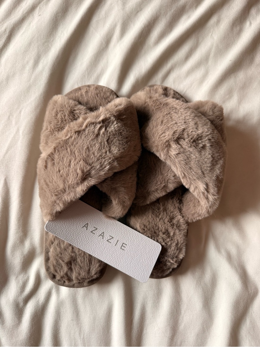 Azazie Taupe Faux Fur Crisscross Slippers